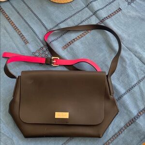 kate spade Black Leather Flap Crossbody with Gold Plaque and hot pink interior
